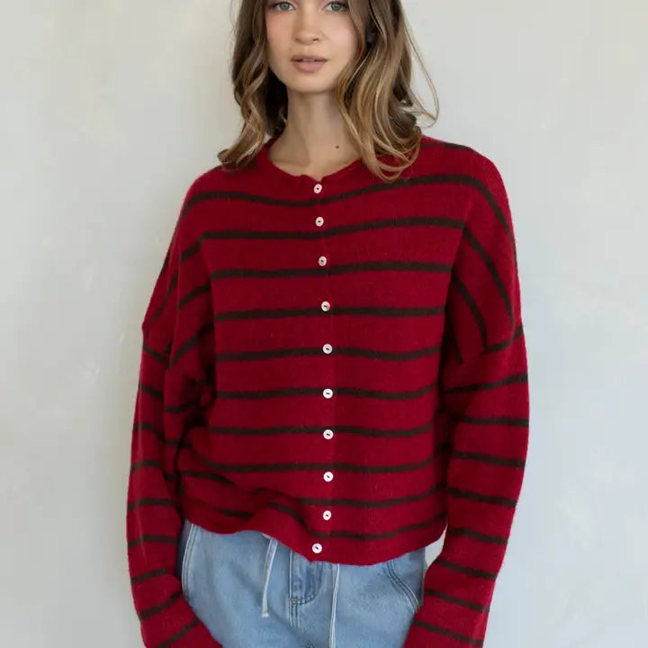 Piper Cardigan : Cabana Stripe in Red Brown