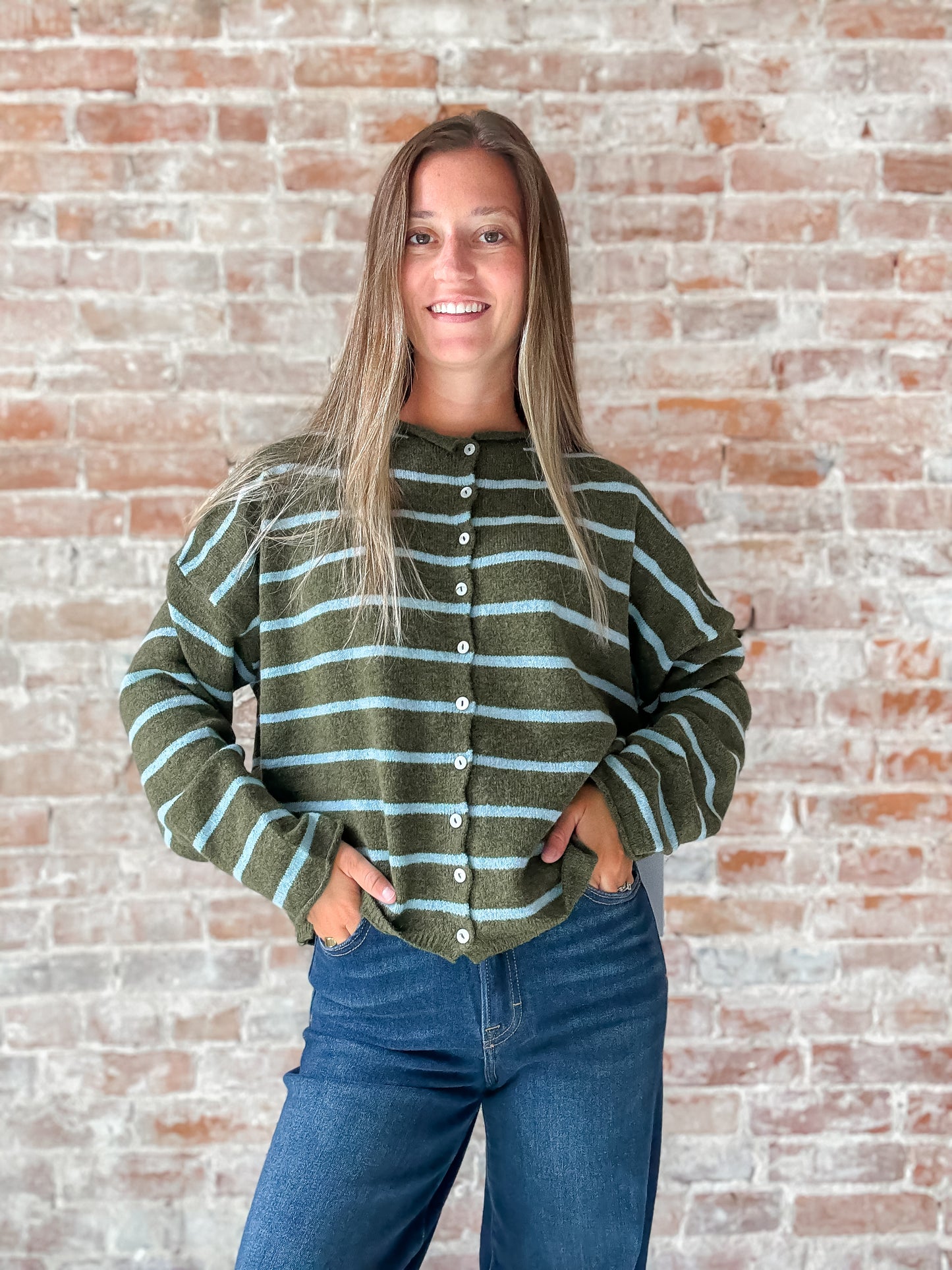 Piper Cardigan : Cabana Stripe in Olive