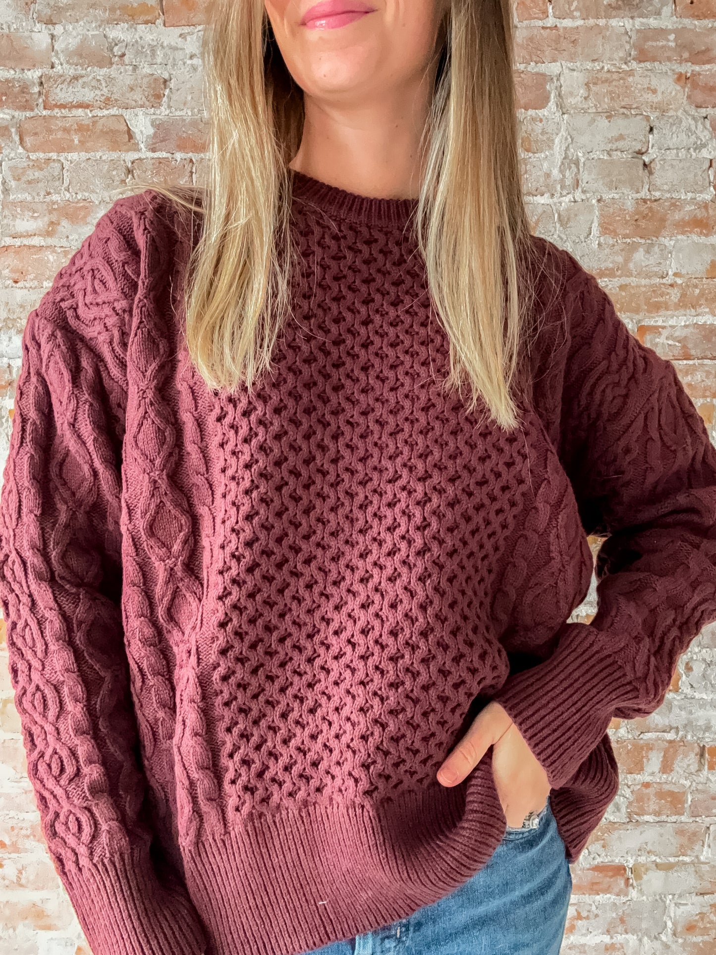 chocolate brown cable knit sweater