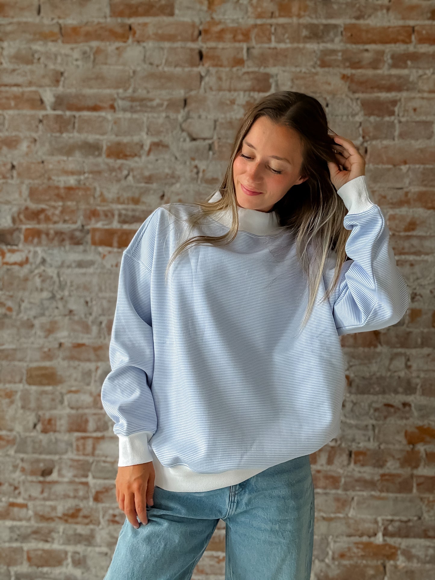 Mock Neck Sweatshirt : Blue Stripe