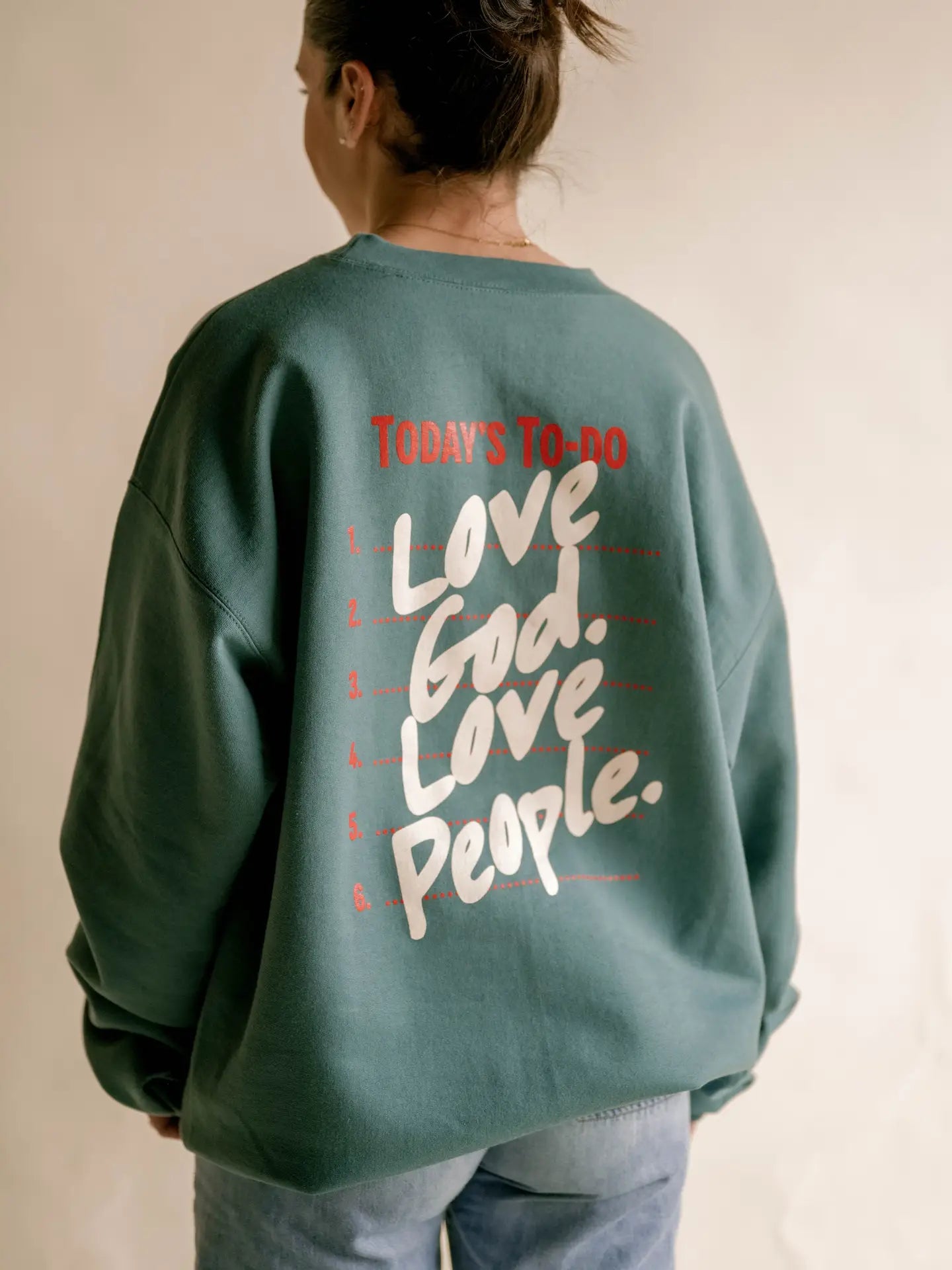 teal crewneck Love God, Love People Crewneck