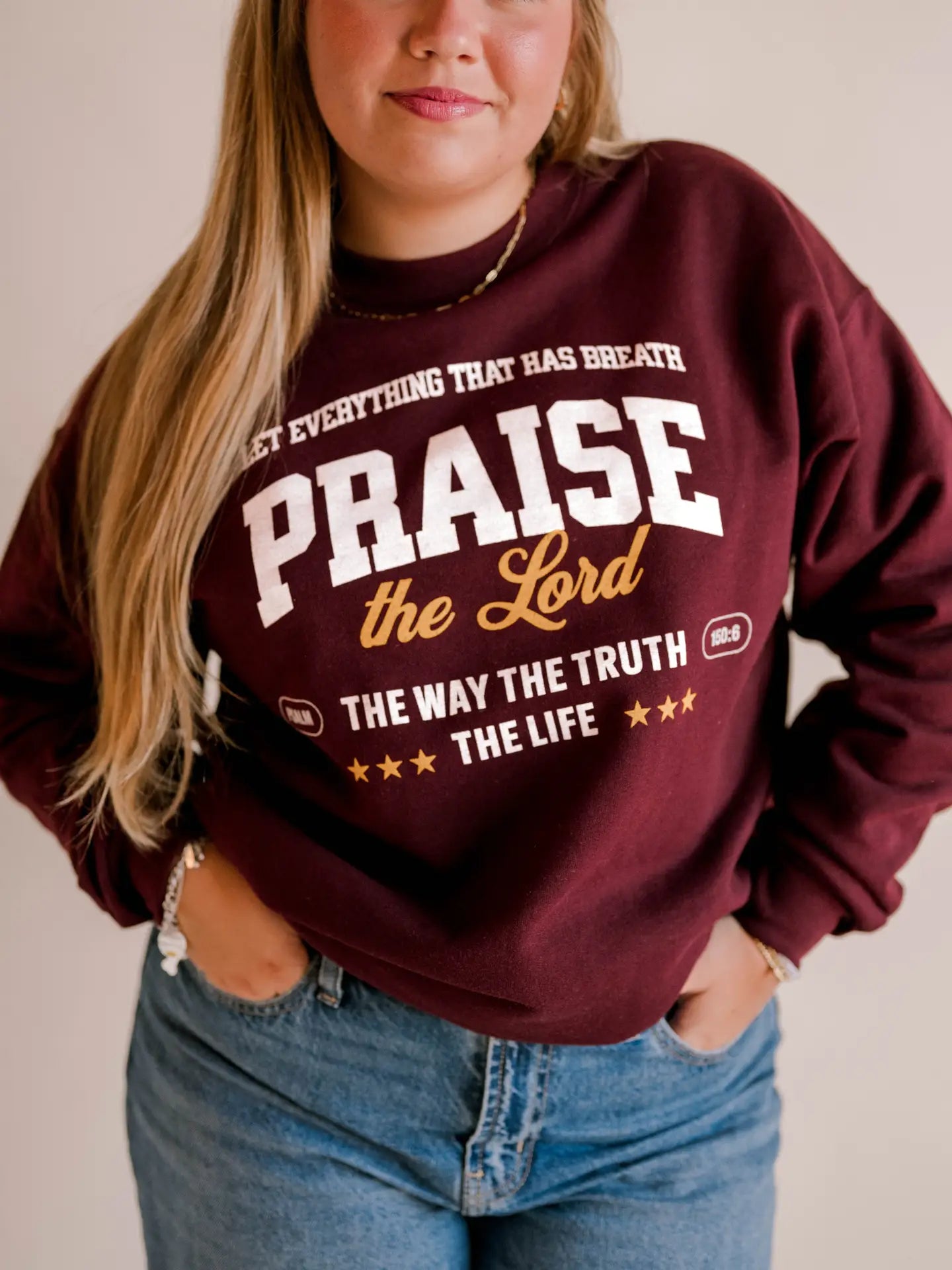 "let everything that has breath praise the lord the way the truth the life" graphic crewneck sweatshirt