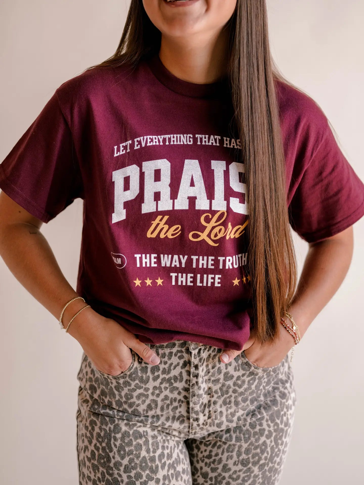 maroon tee "let everything that has breath praise the lord the way the truth the life" graphic