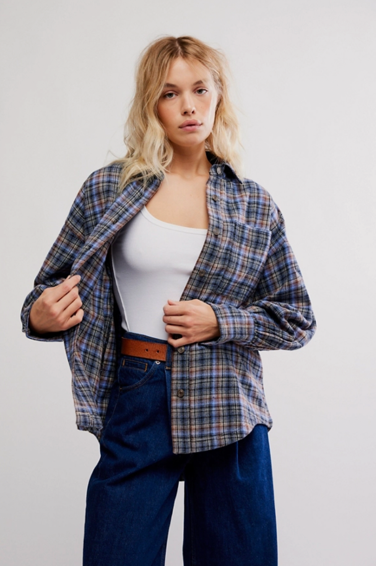 Free People : Ashley Flannel in Blue Patte