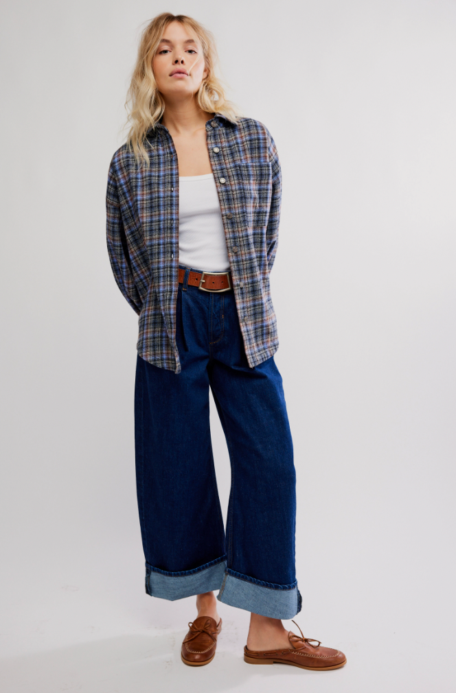Free People : Ashley Flannel in Blue Patte