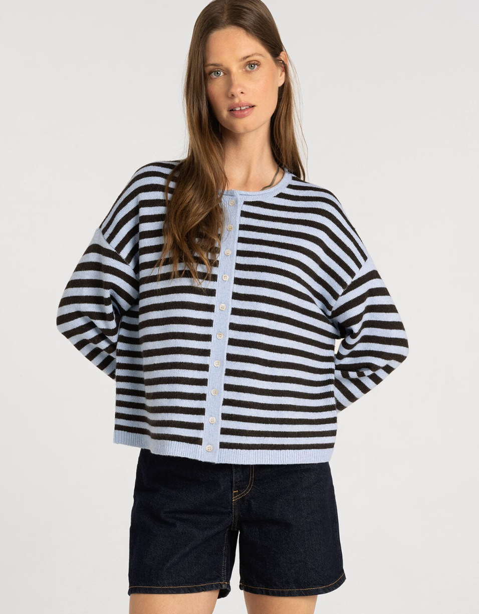 Thread & Supply: Dover Cardigan in Blue Brown Stripe