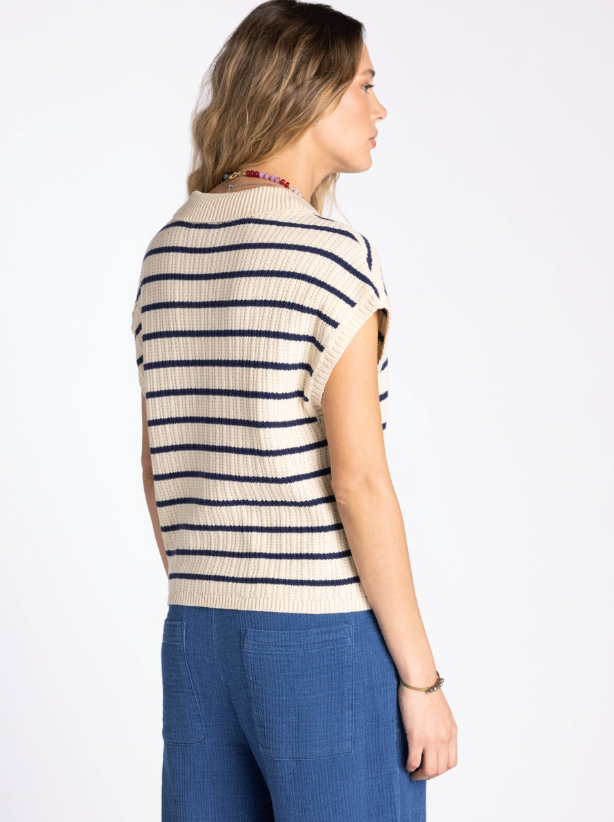 navy and taupe stripe knit polo