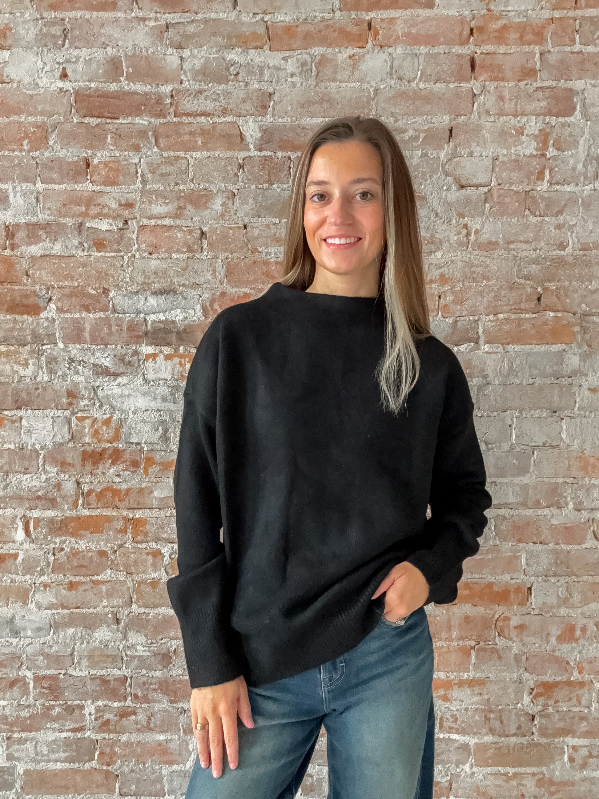 black mock neck tunic sweater