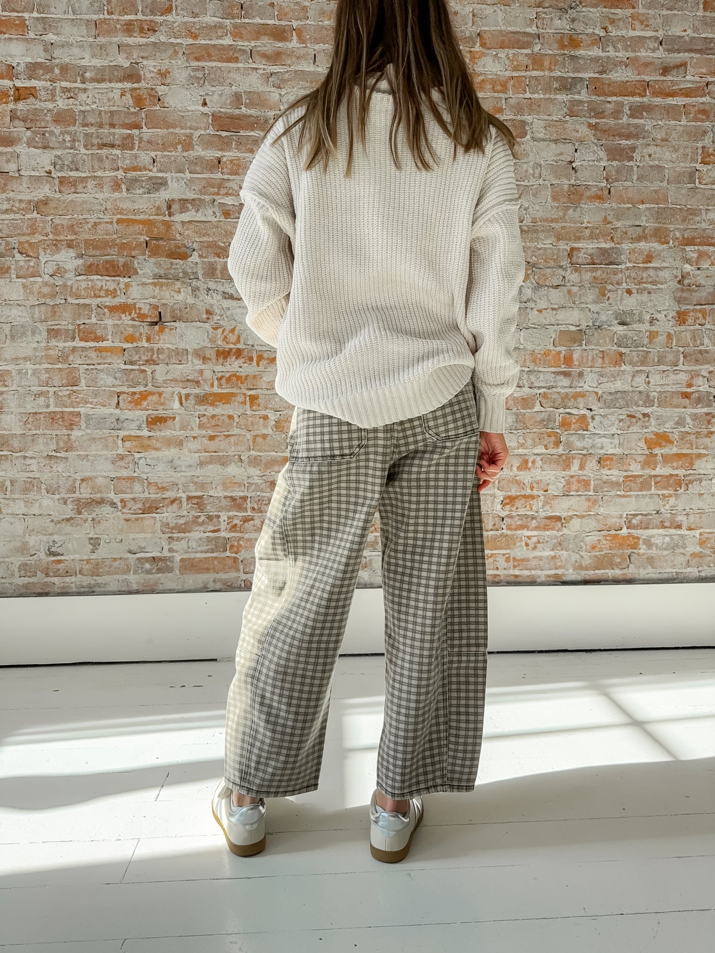 gingham plaid barrel jeans