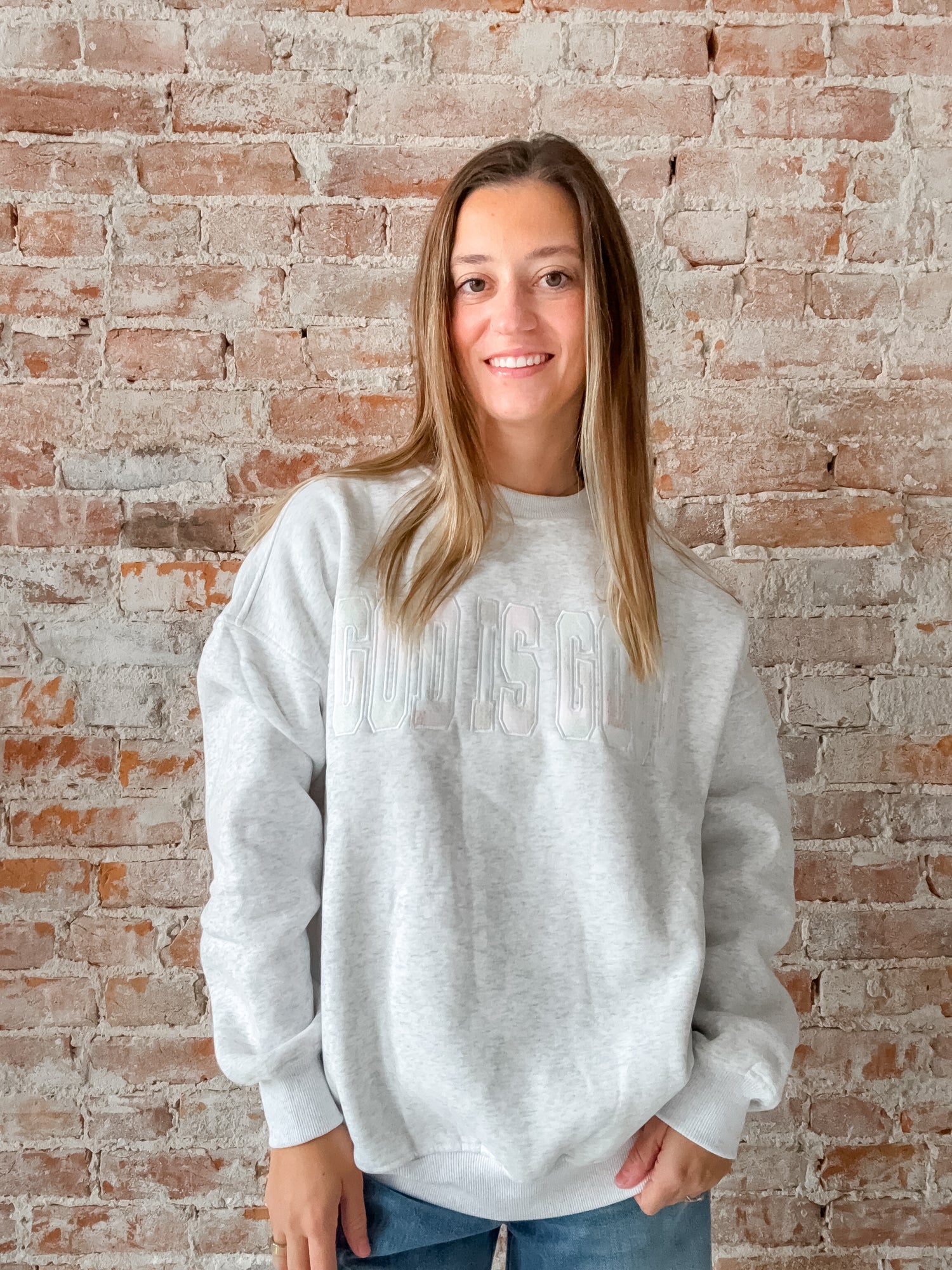 "god is good" patchwork embroidered crewneck