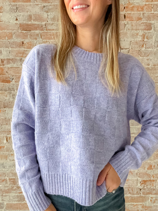purple checkered knit sweater