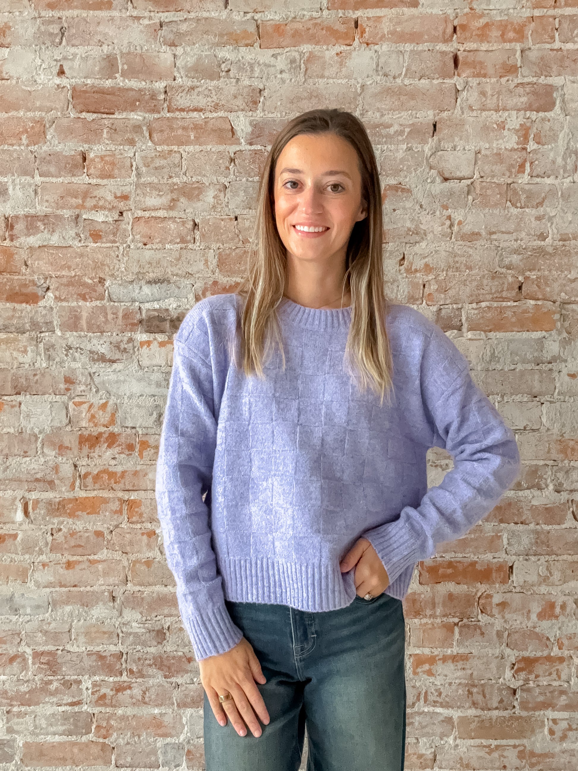 purple checkered knit sweater