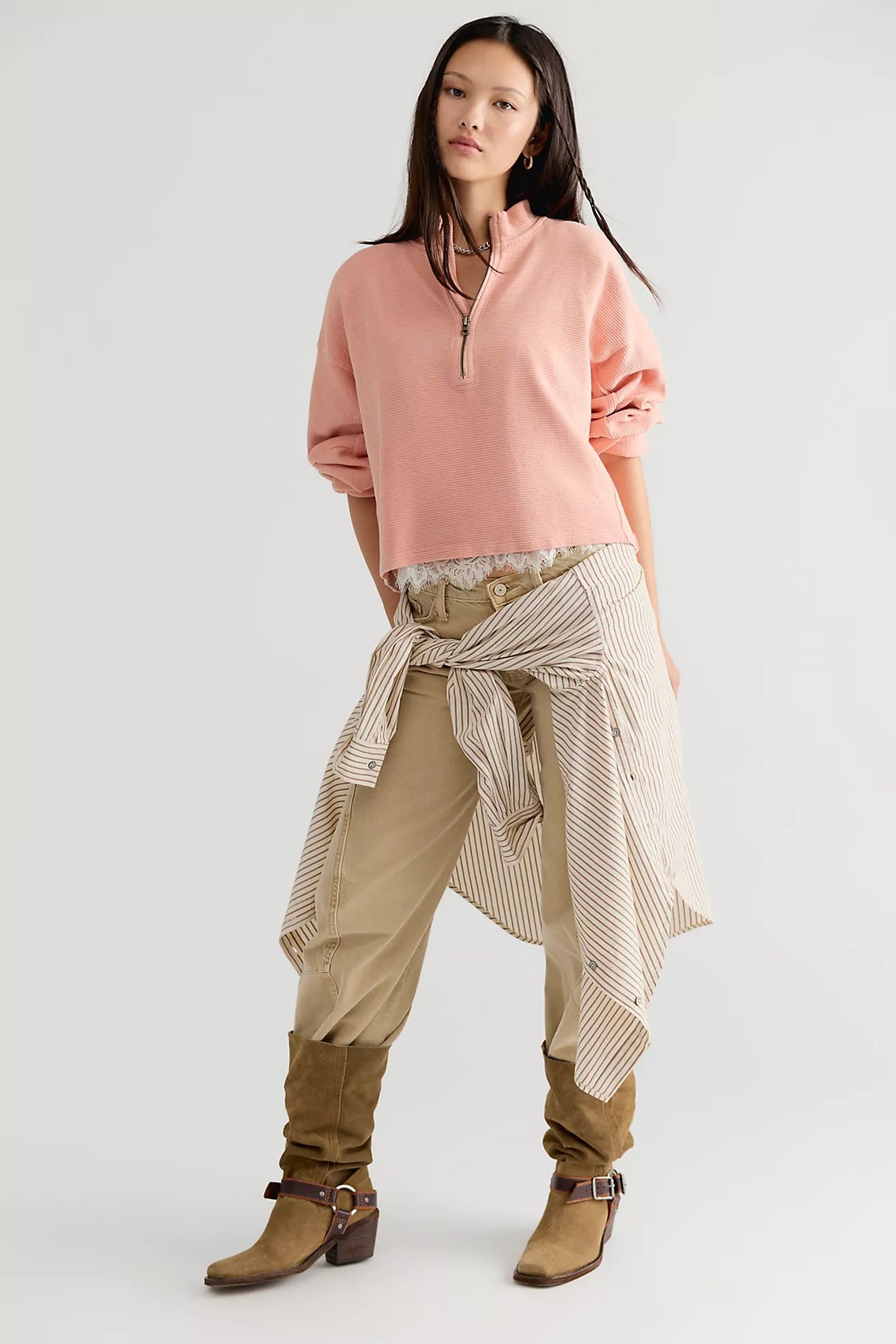 Free People: Celeste 1/4 Zip in Coral Pink
