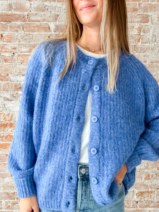 blue button sweater cardigan