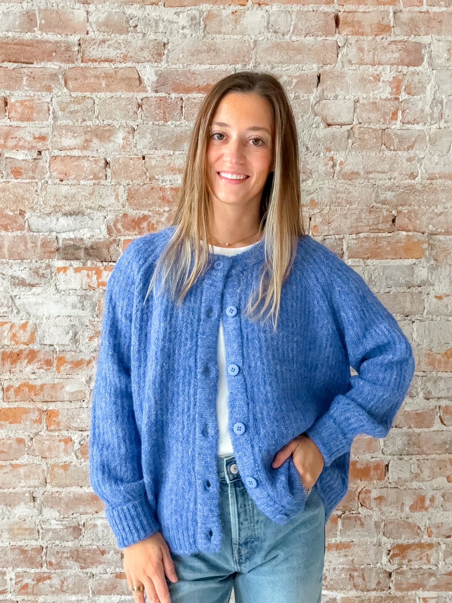 blue button sweater cardigan