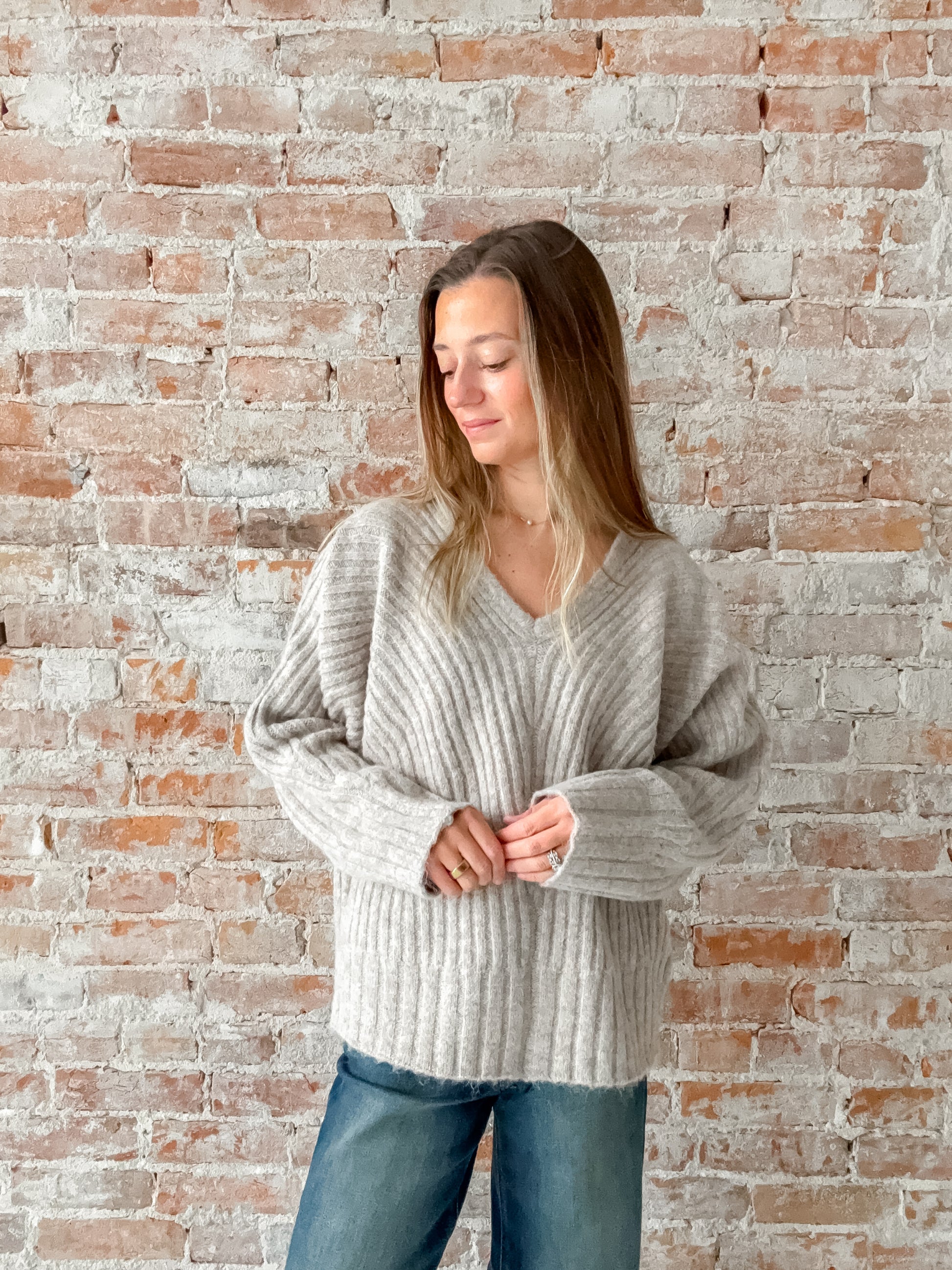 taupe v-neck ribbed knit sweater