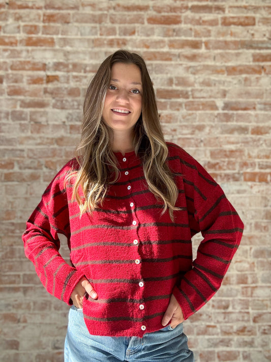Piper Cardigan : Cabana Stripe in Red Brown