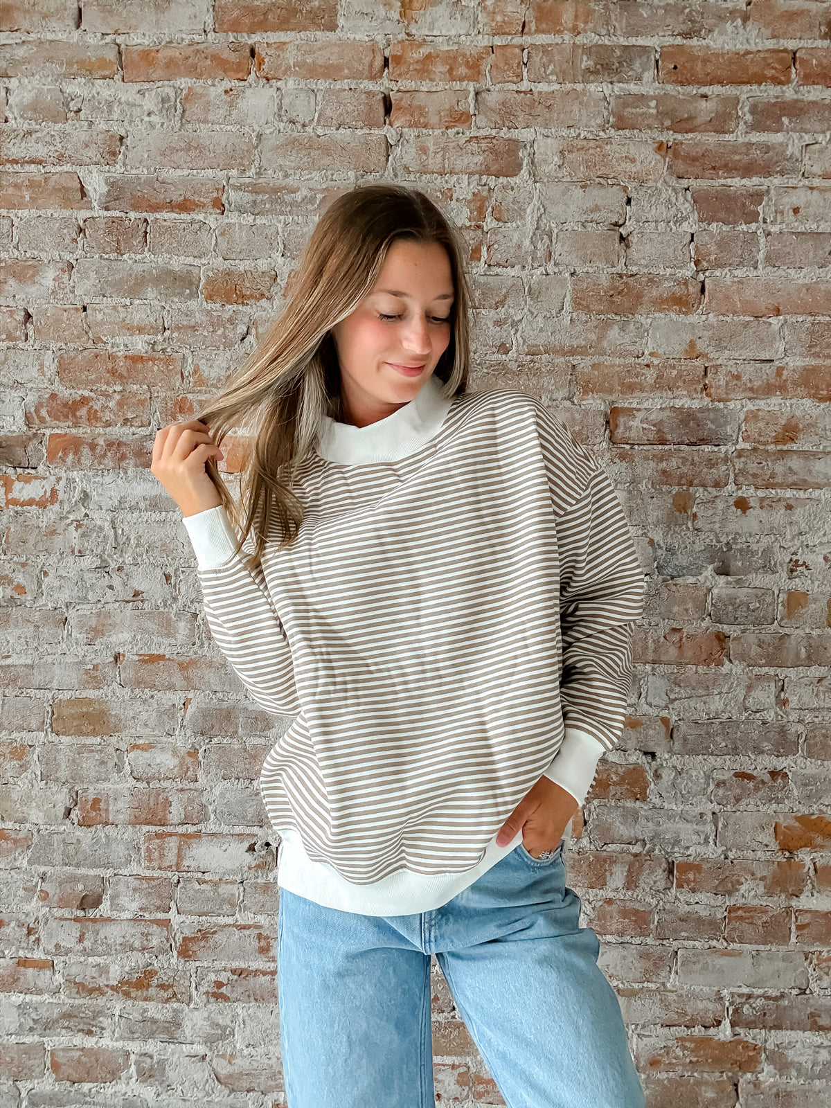 Mock Neck Sweatshirt : Brown Stripe