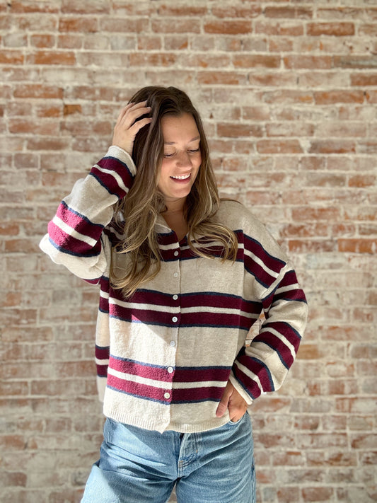 Piper Cardigan : Varsity Stripe in Beige