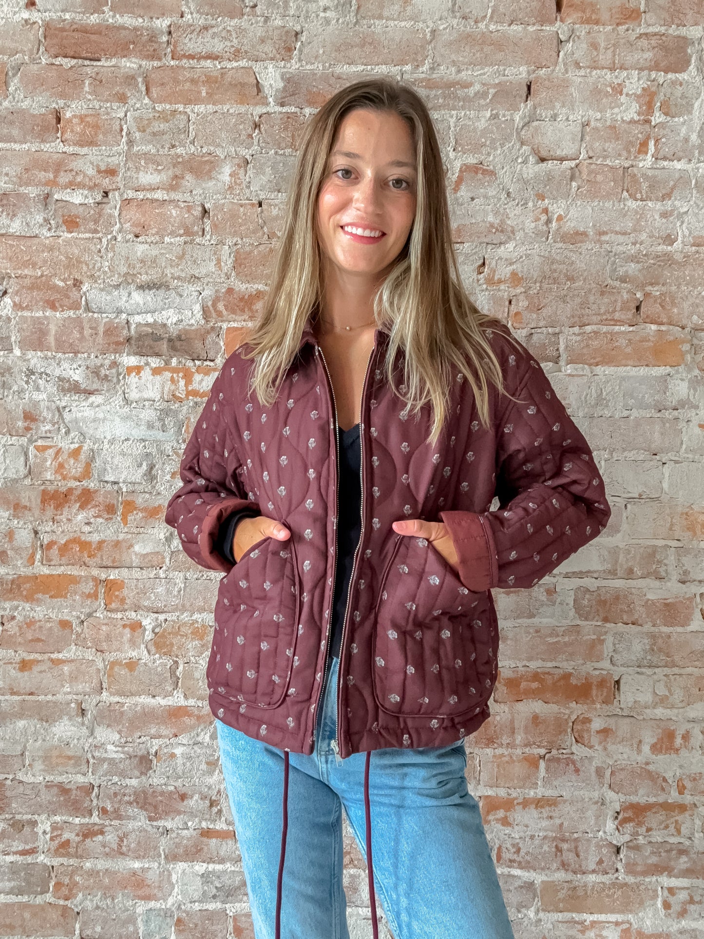 burgundy printed zip jacket