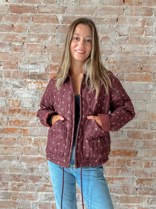 burgundy printed zip jacket