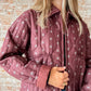 burgundy printed zip quilted jacket