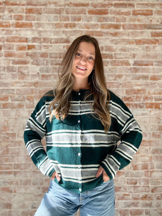 Piper Cardigan : Varsity Stripe in Green