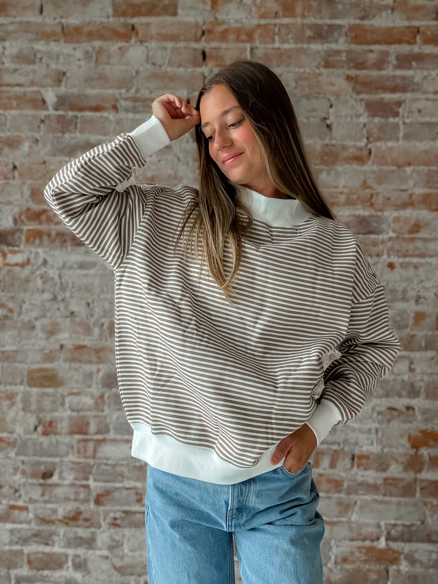 Mock Neck Sweatshirt : Brown Stripe