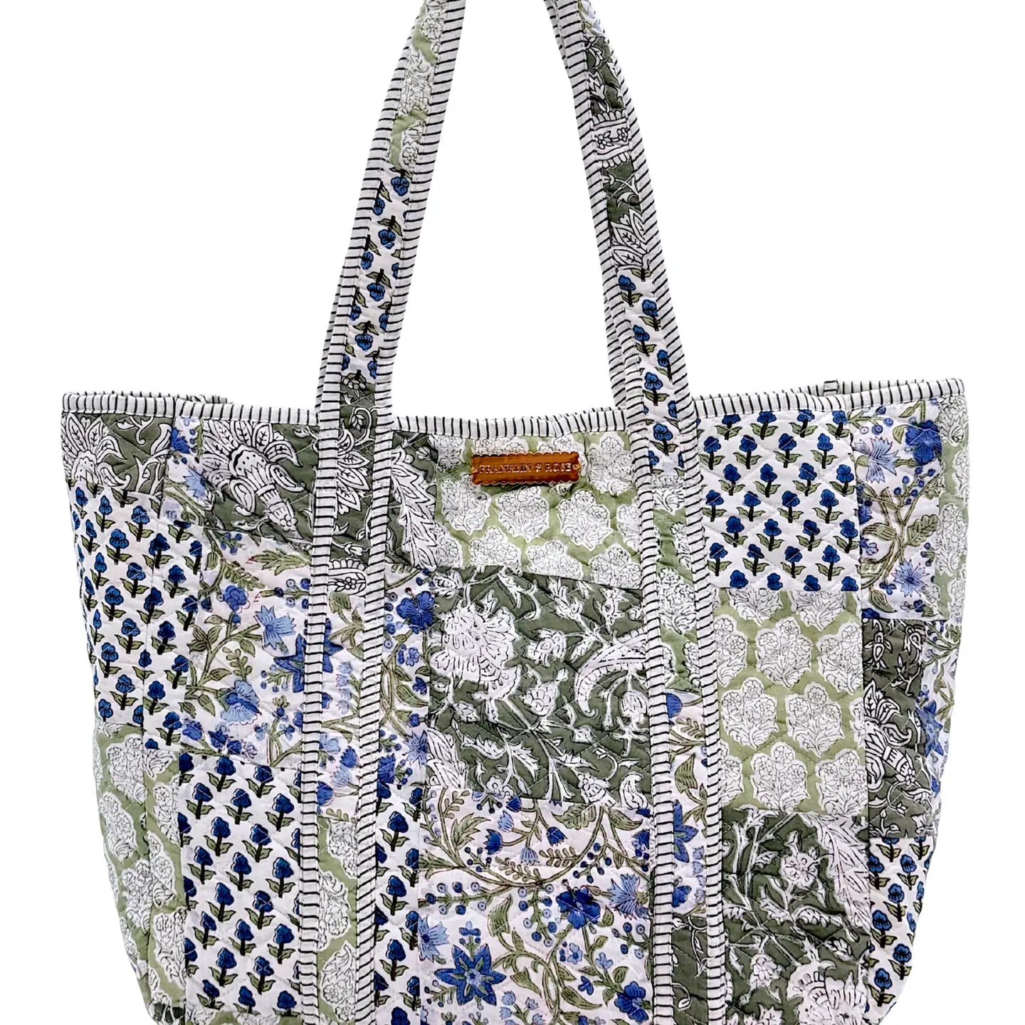 green and blue print tote bag