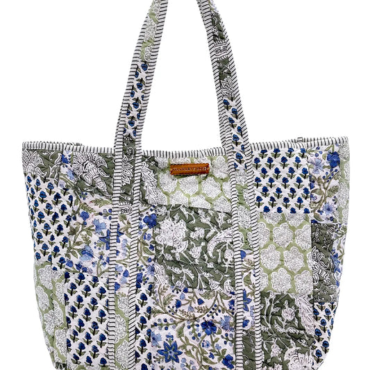 green and blue print tote bag