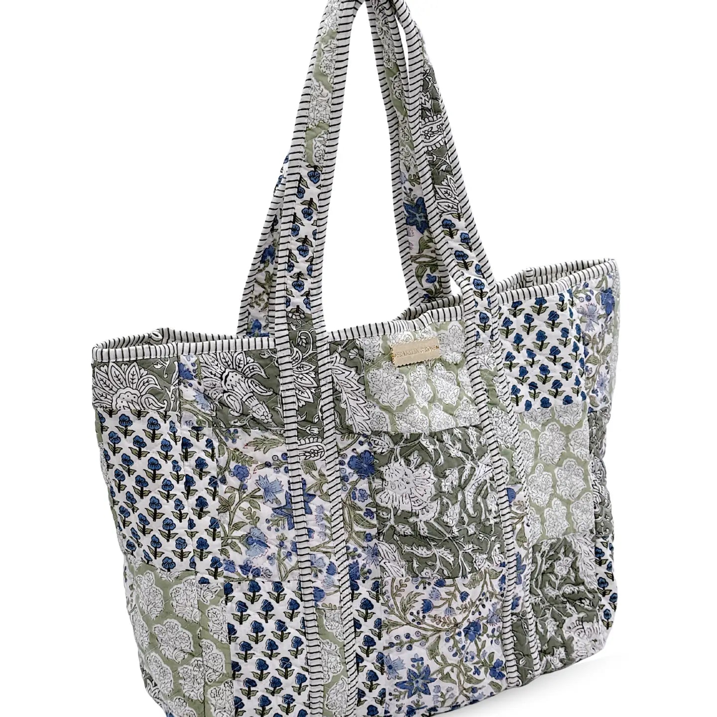 green and blue floral pattern tote
