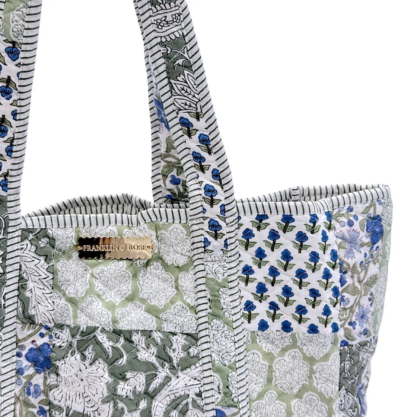 green and blue floral pattern tote