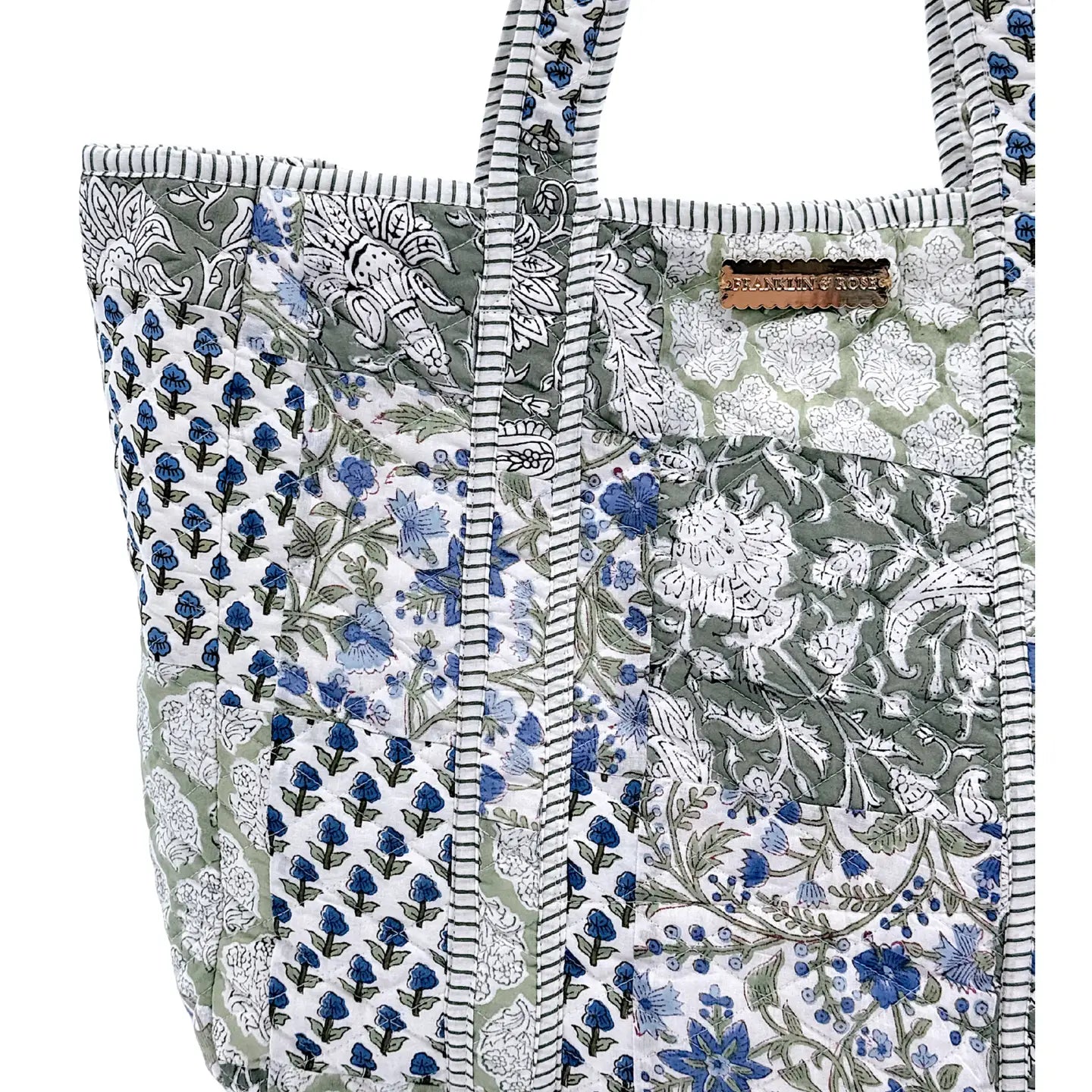 green and blue floral pattern tote