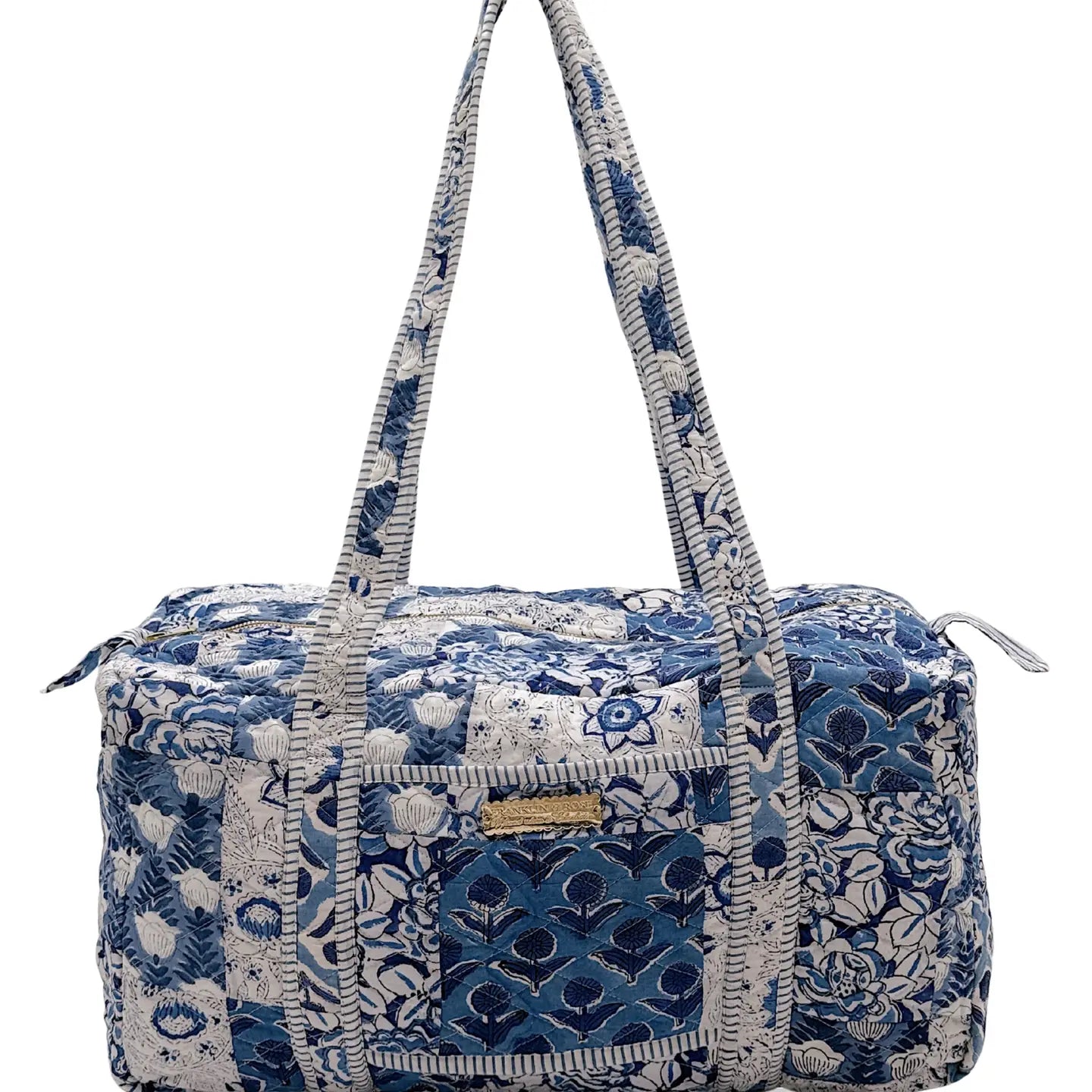 blue floral duffle bag
