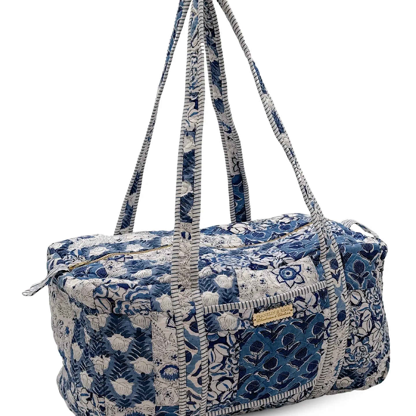 blue floral duffle bag