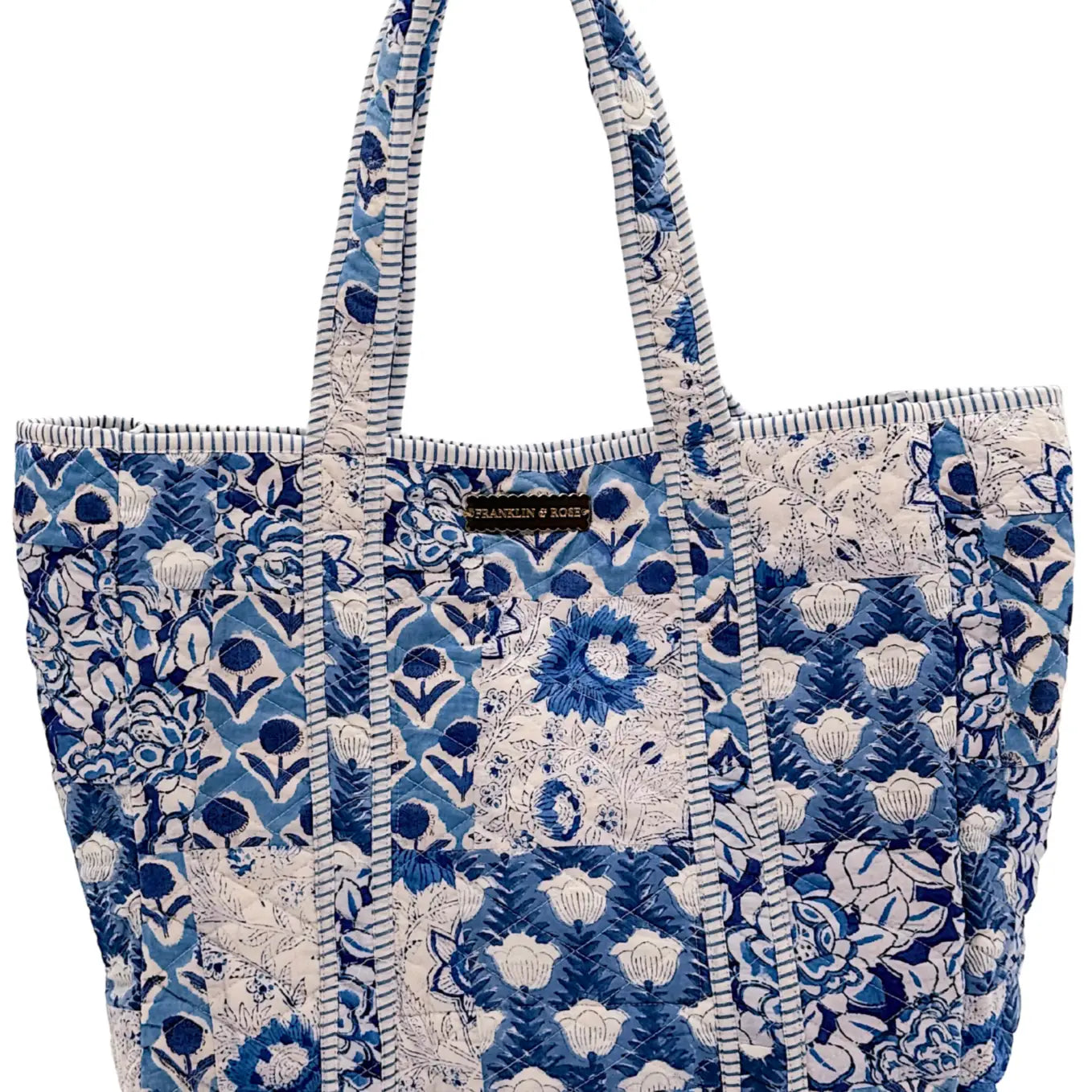 blue patch work tote bag