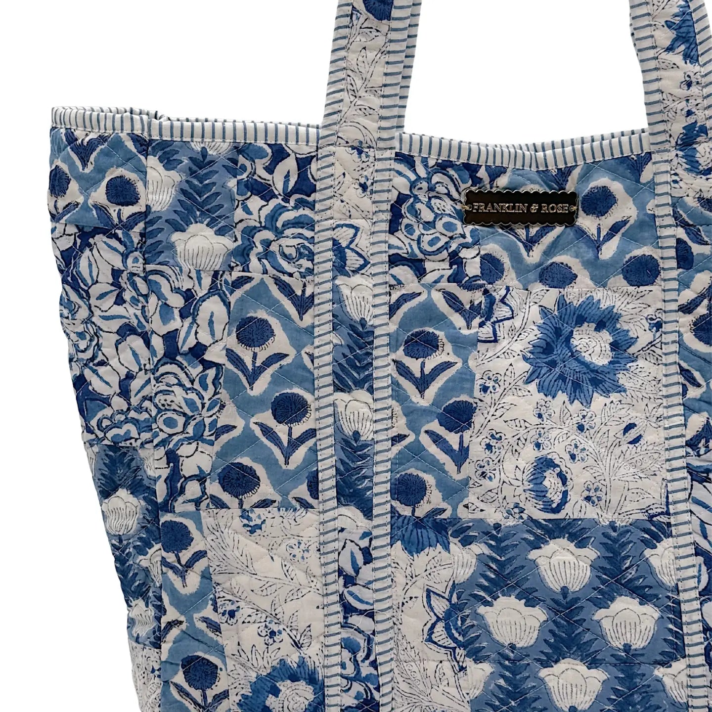 blue patch work tote bag