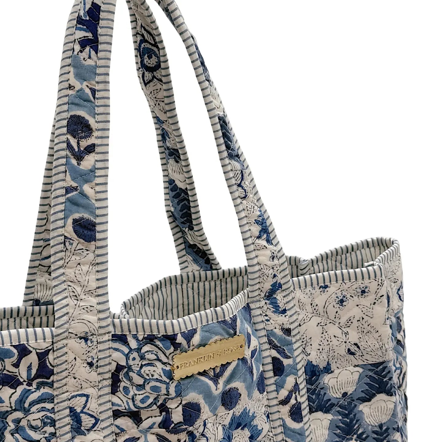 blue patch work tote bag