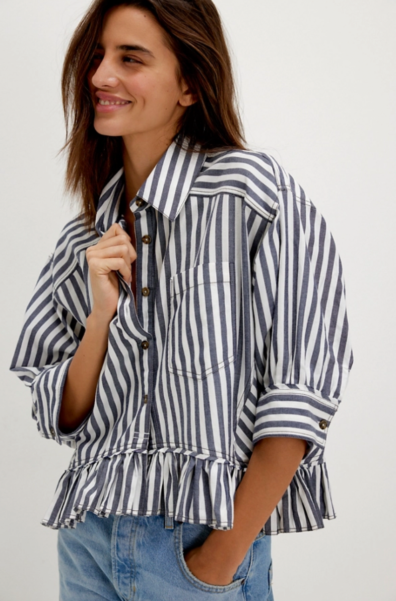navy stripe peplum button top