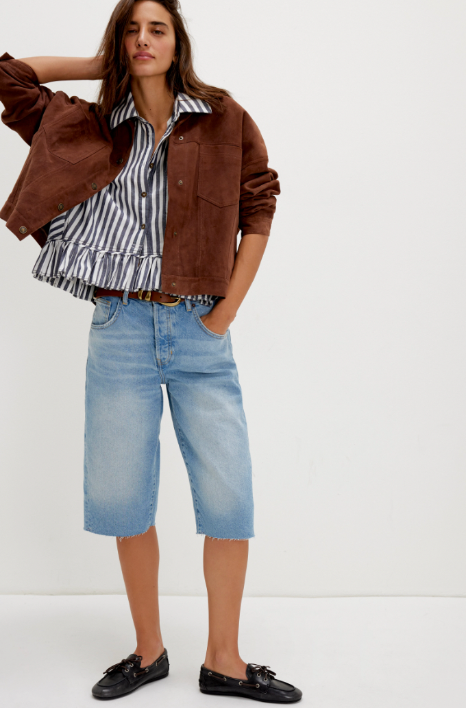 navy stripe peplum button top