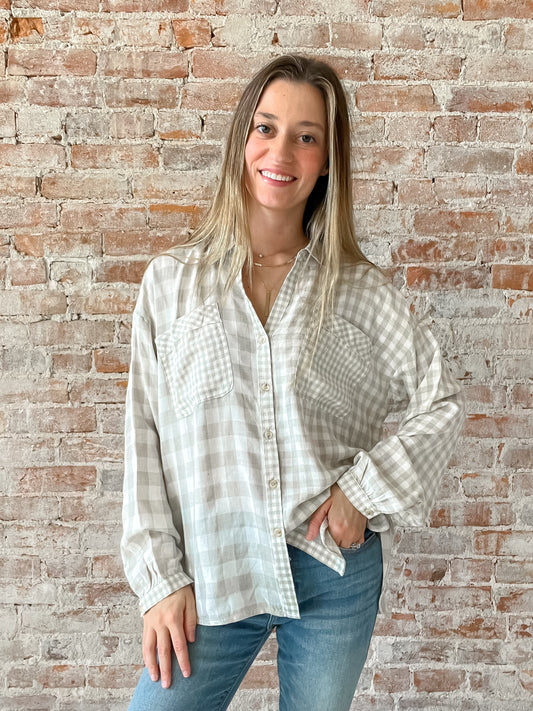 Check Button Down : Taupe