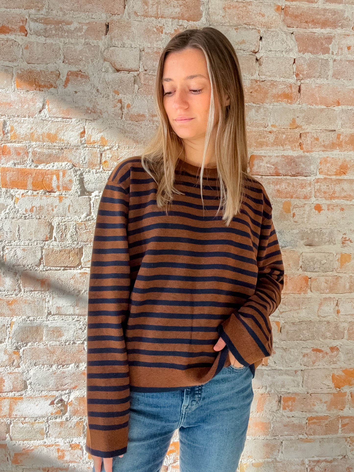 brown and navy stripe sweater