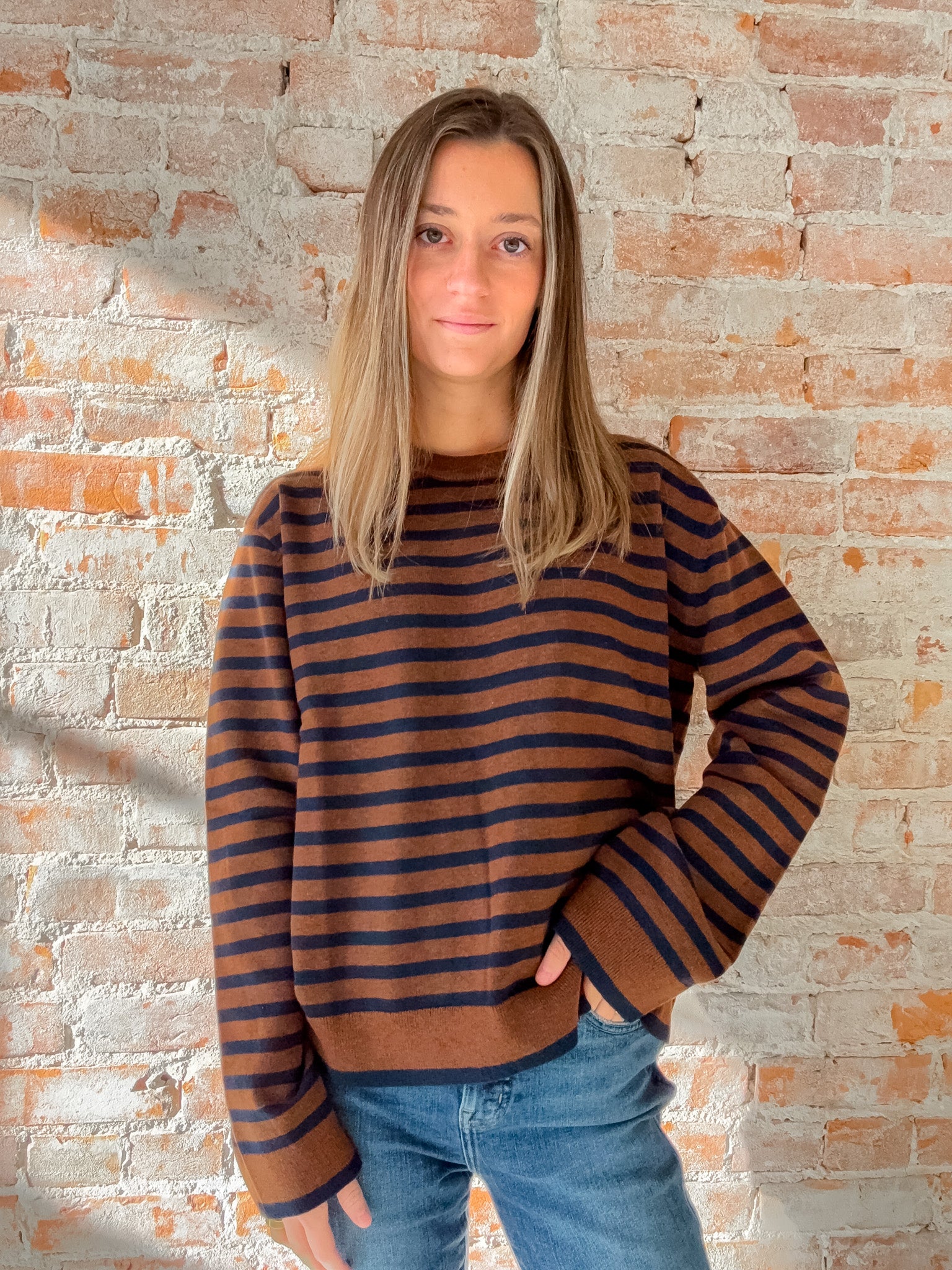 brown and navy stripe sweater