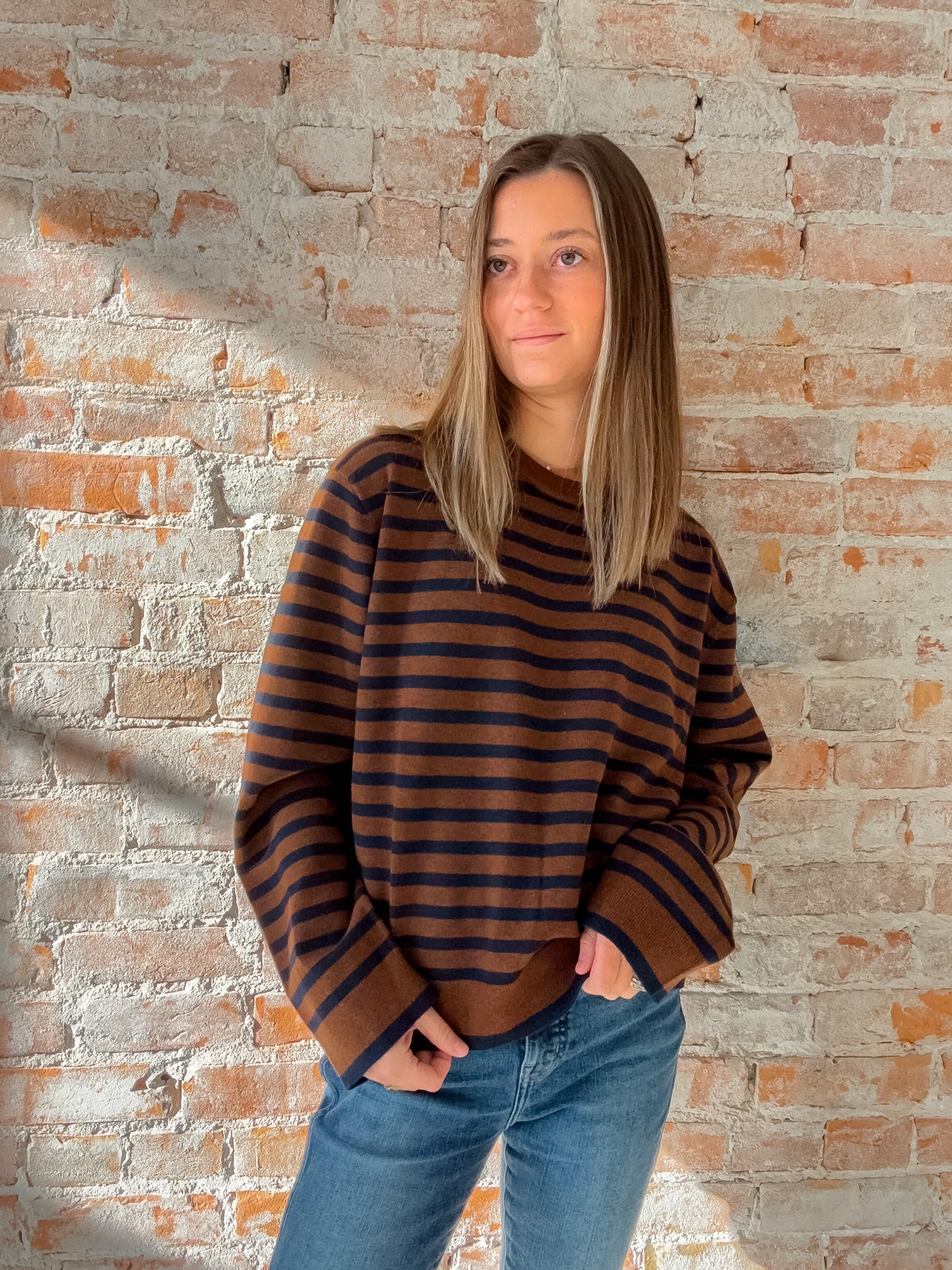 brown and navy stripe sweater