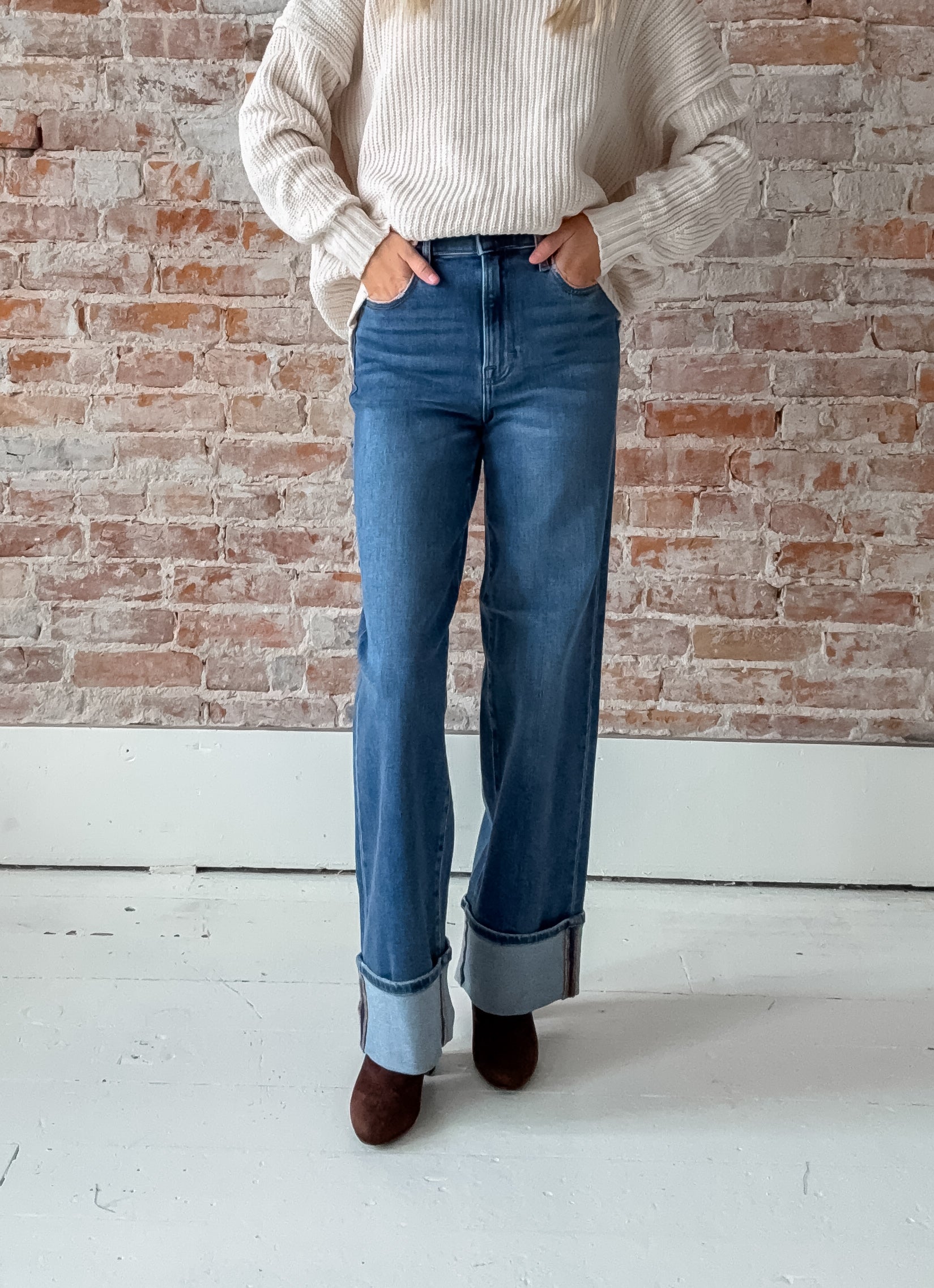 cuffed dark wash jeans
