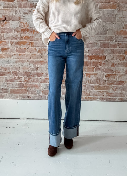 cuffed dark wash jeans