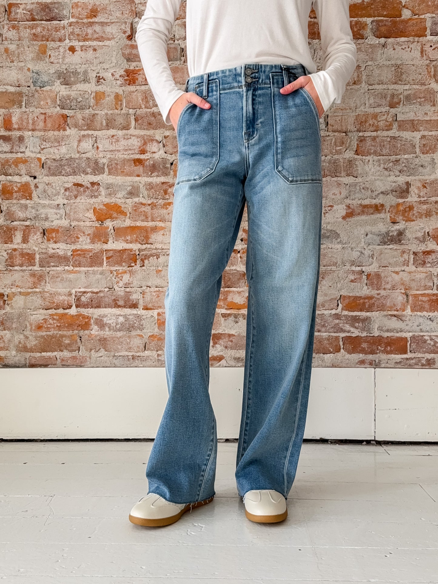 wide leg medium wash jeans