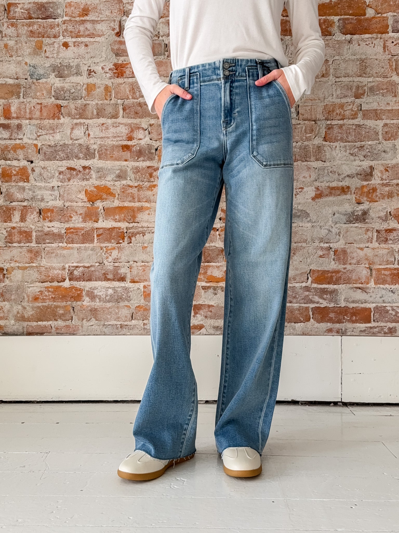 wide leg medium wash jeans