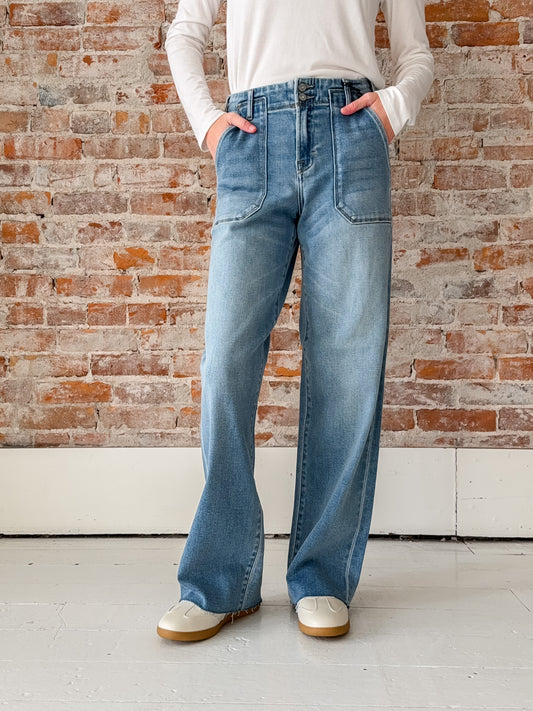 wide leg medium wash jeans