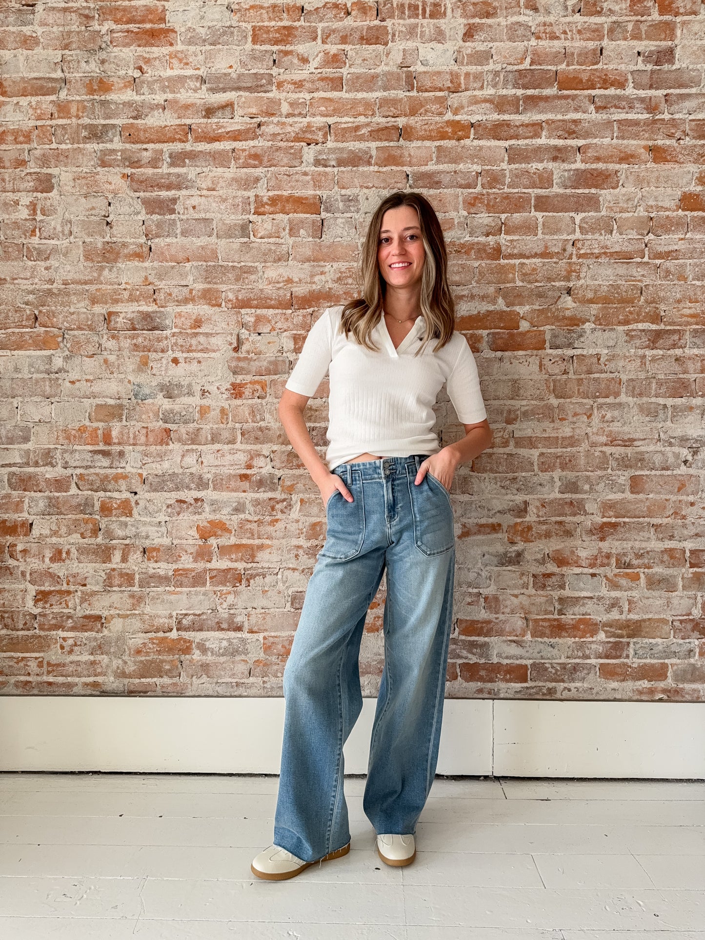 wide leg medium wash jeans